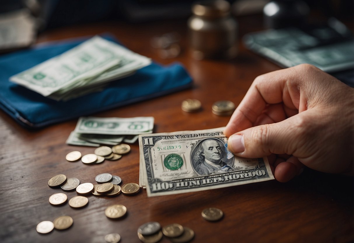 A hand holding a card with "Hope this helps you out!" written on it, surrounded by a few bills and coins