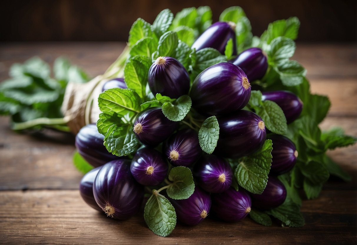 A vibrant eggplant and mint bridal bouquet sits on a rustic wooden table, with delicate purple and green flowers intertwined with fresh mint leaves