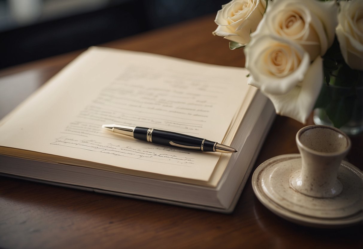 A pen poised over a guestbook, ready to capture a signature from someone who met the bride or groom at a concert