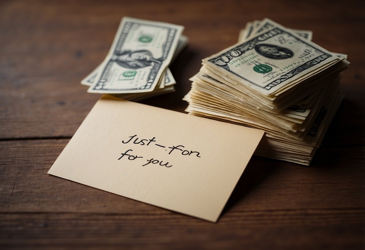 A hand-written card with the words "Just for you" and a stack of cash placed neatly inside