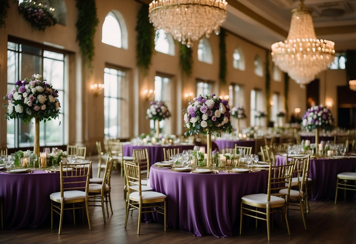 A lavish reception hall adorned with peridot and mauve decor, featuring elegant purple and green wedding themes