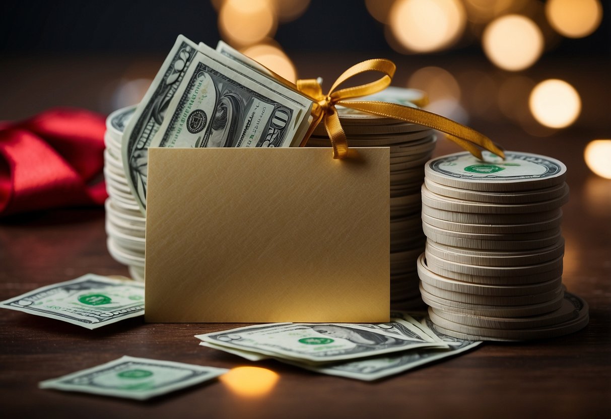 A card with "With love and best wishes" next to a stack of money tied with a ribbon