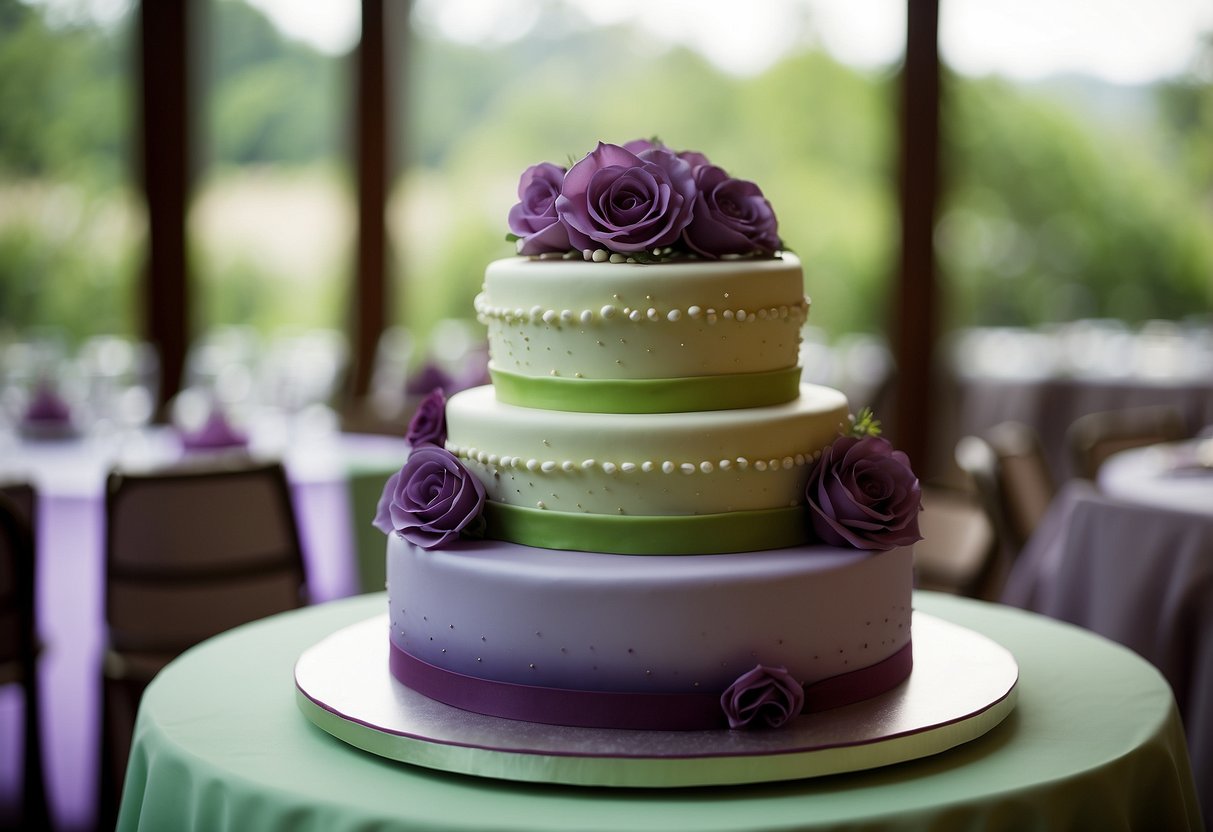 A three-tiered wedding cake with a smooth ombre gradient from deep purple at the bottom to a light green at the top, adorned with delicate floral decorations in coordinating colors