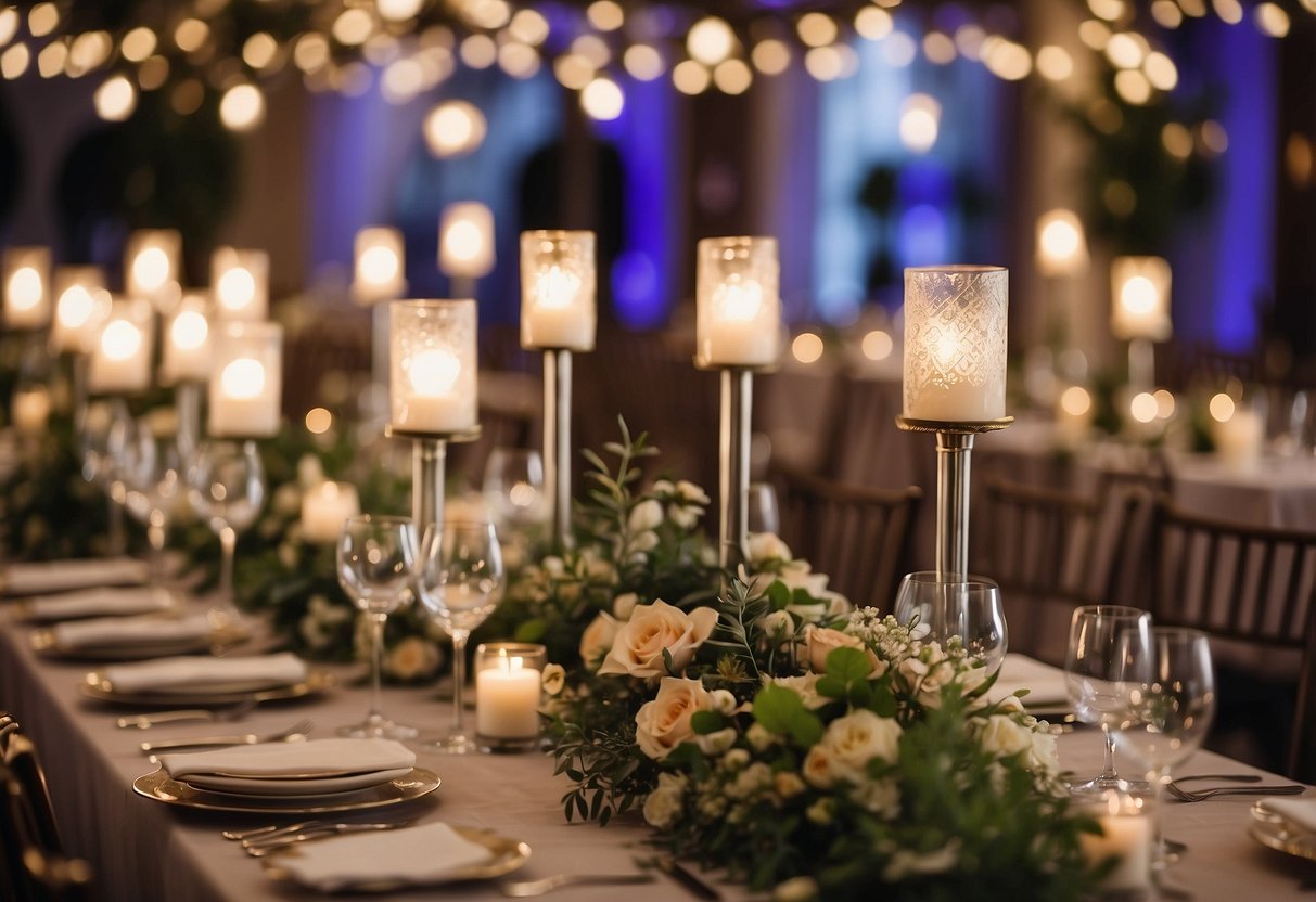 Guests follow clues around venue, finding hidden items. Decorated tables, flowers, and wedding-themed objects add to the festive atmosphere