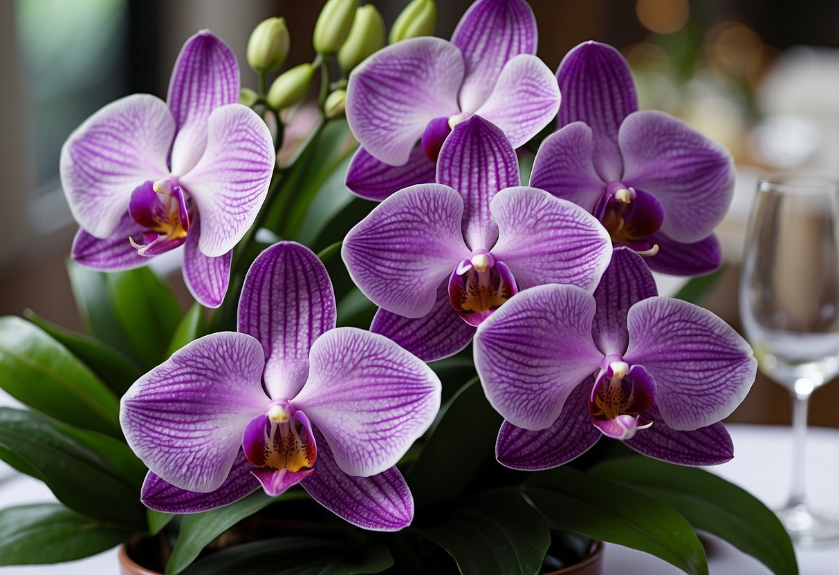 Lush purple orchids and vibrant green laurel leaves arranged in elegant centerpieces for a wedding celebration