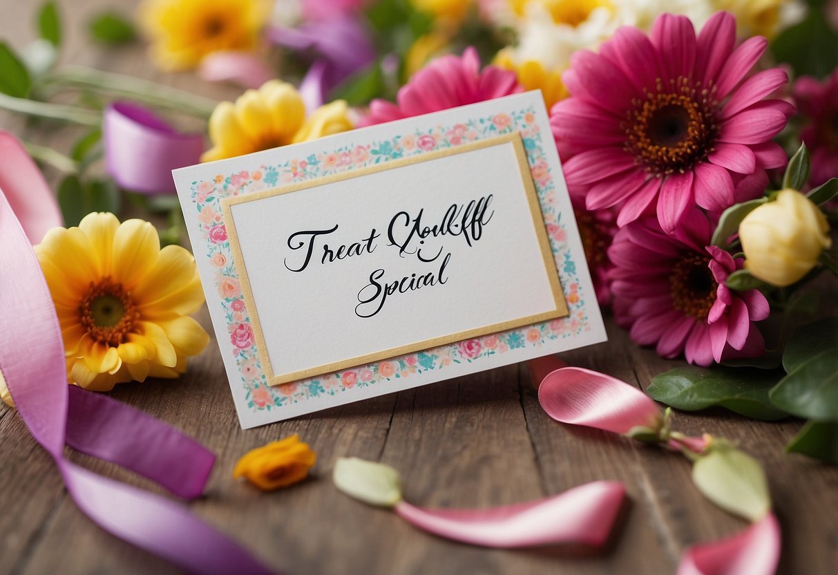 A hand-written card with the words "Treat yourself to something special" surrounded by colorful flowers and a ribbon, with a crisp bill tucked inside