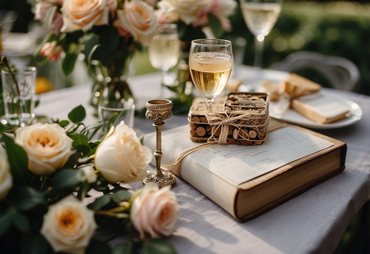 Guests searching for themed items in a garden: vintage key, love letter, champagne cork, lace ribbon, and floral centerpiece