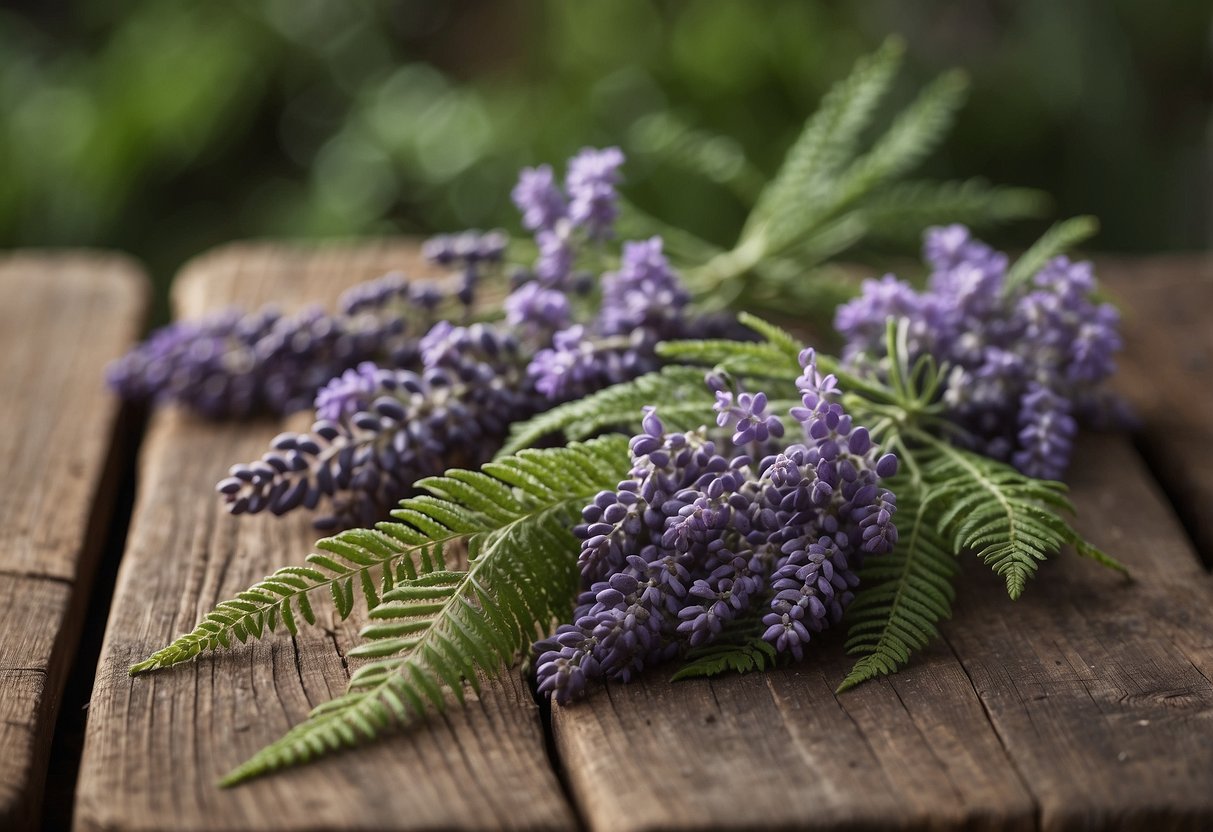 Lavender and fern boutonnieres arranged on a rustic wooden table with soft natural lighting