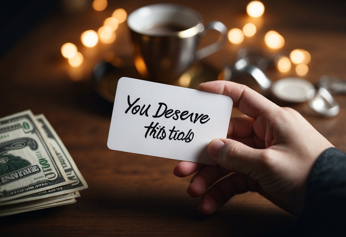 A hand holding a blank card with the words "You deserve this" written in elegant script, with a pile of money next to it