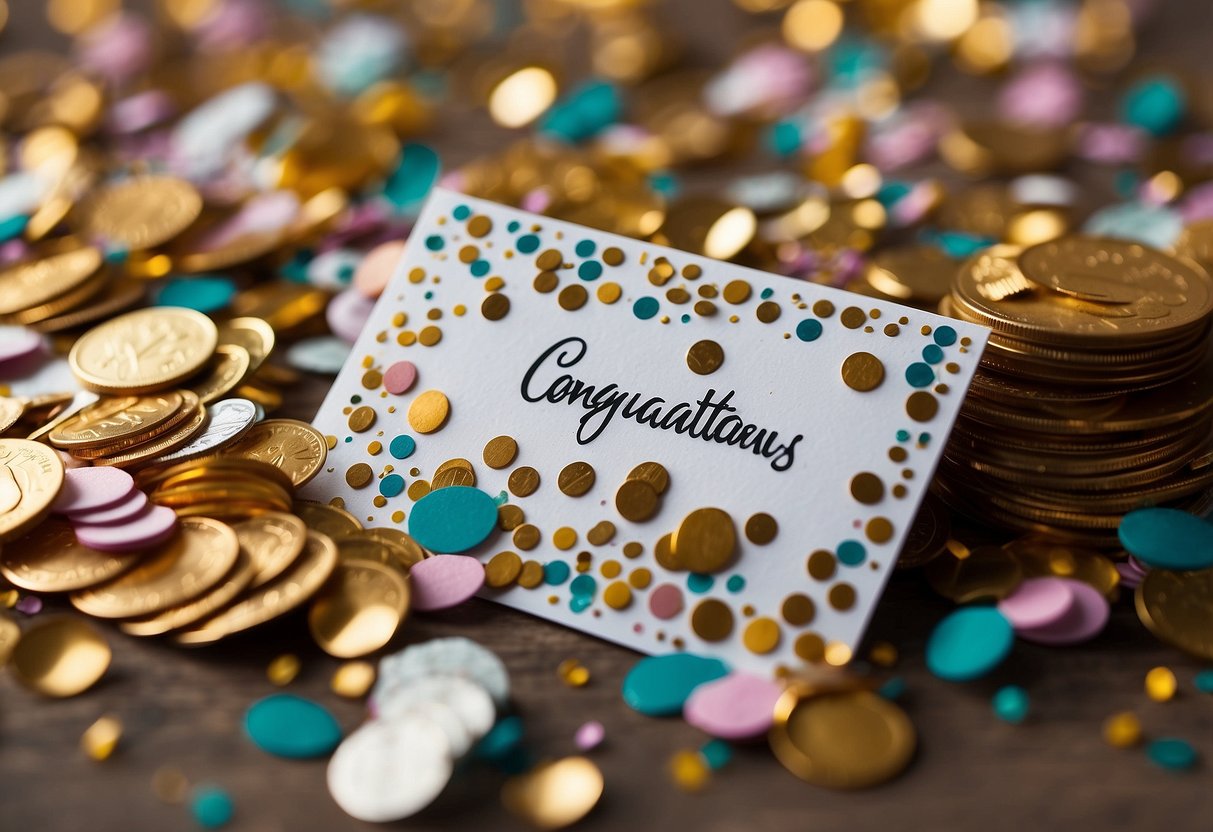 A card with "Congratulations and best wishes" surrounded by colorful confetti and a stack of cash