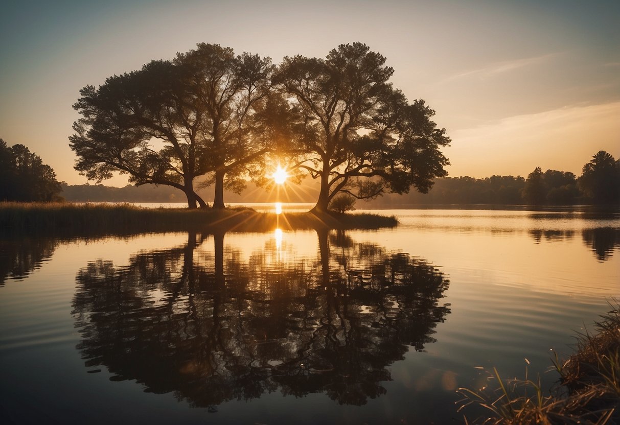 A golden sun setting over a tranquil lake, with two trees intertwined, symbolizing eternal love