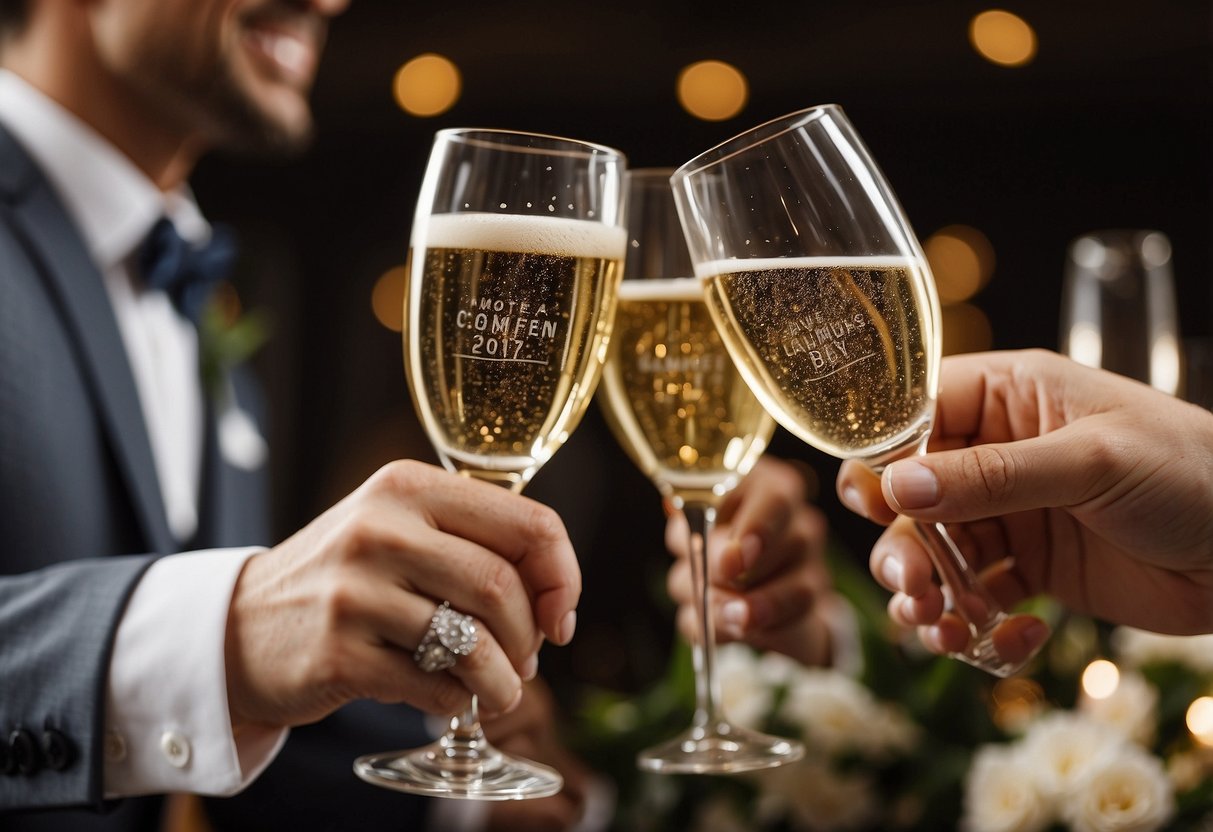 A champagne glass clinks against another, as a bride and groom raise their glasses in celebration. The room is filled with laughter and joy, as the words "The Best is Yet to Come" are engraved on a watch, symbolizing the bright future