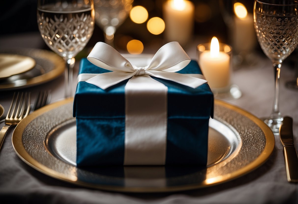 The groom's parents present a beautifully wrapped gift box filled with elegant silverware and a set of fine china for the newlyweds