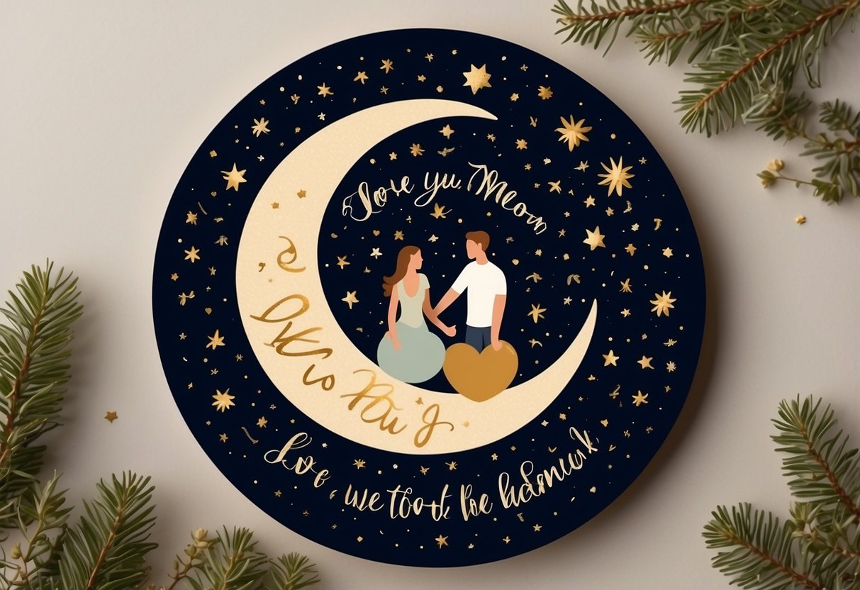 A couple sits on a crescent moon, surrounded by stars and holding hands, with the Earth in the background. The words "Love You to the Moon and Back" are written in elegant script above them