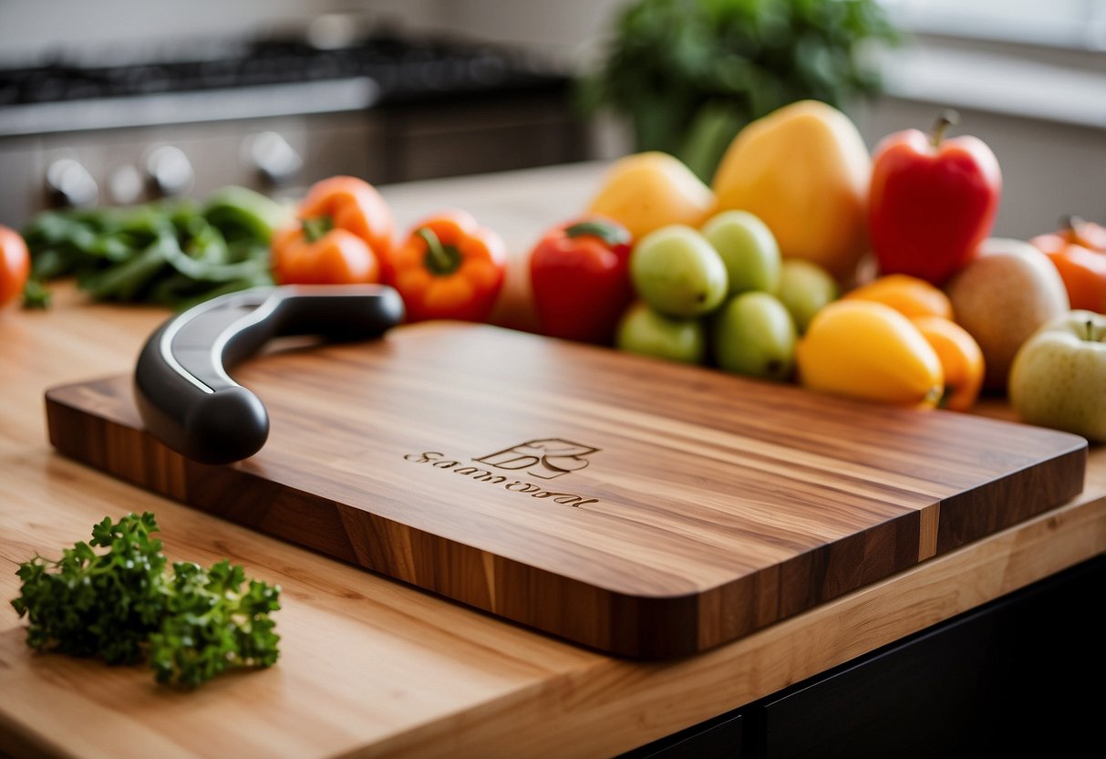 A personalized cutting board with the couple's names and wedding date engraved on it, sitting on a beautifully set kitchen counter with fresh fruits and vegetables