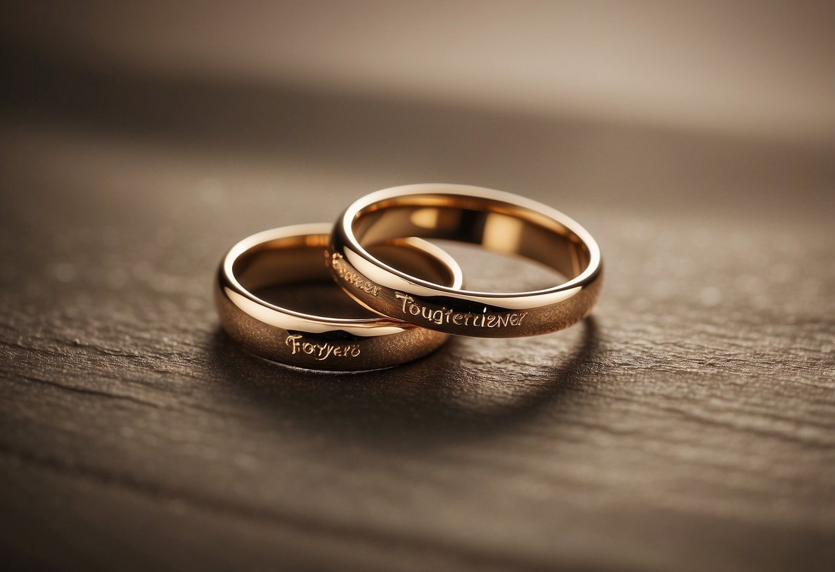 A pair of intertwined wedding rings with the words "Together, Forever" engraved on the inside