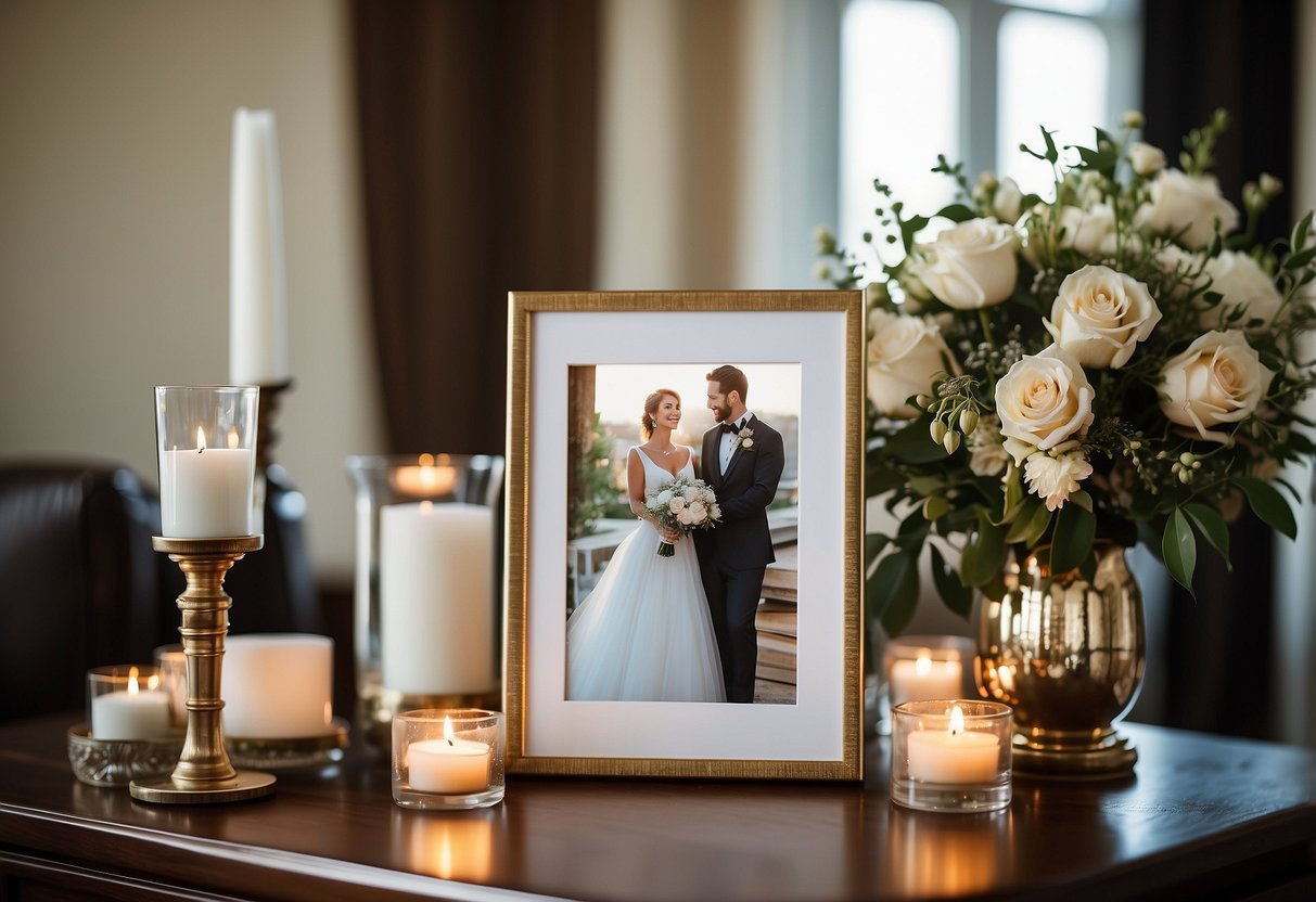 A custom wedding vows print displayed on a mantel, surrounded by elegant wedding decor and a thoughtful gift from the groom's parents