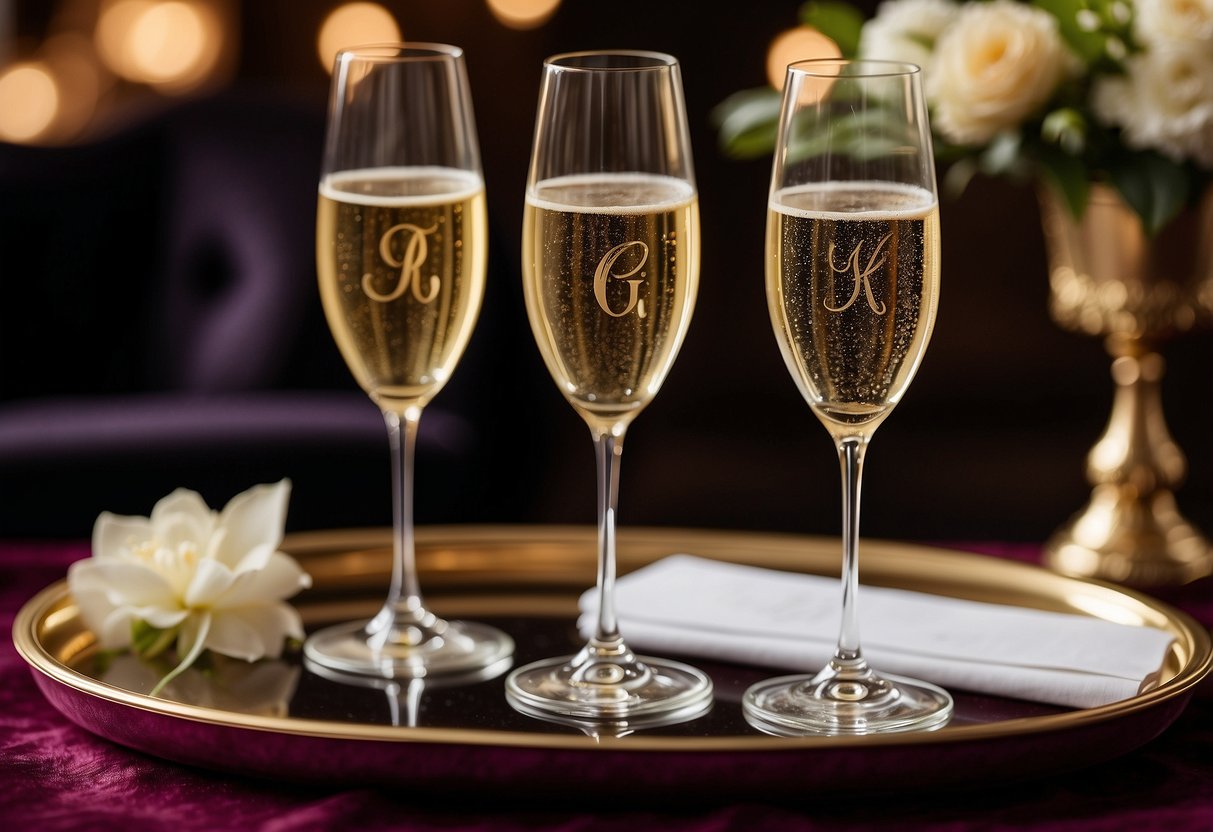 Two elegant monogrammed champagne flutes displayed on a velvet-lined tray with a handwritten note