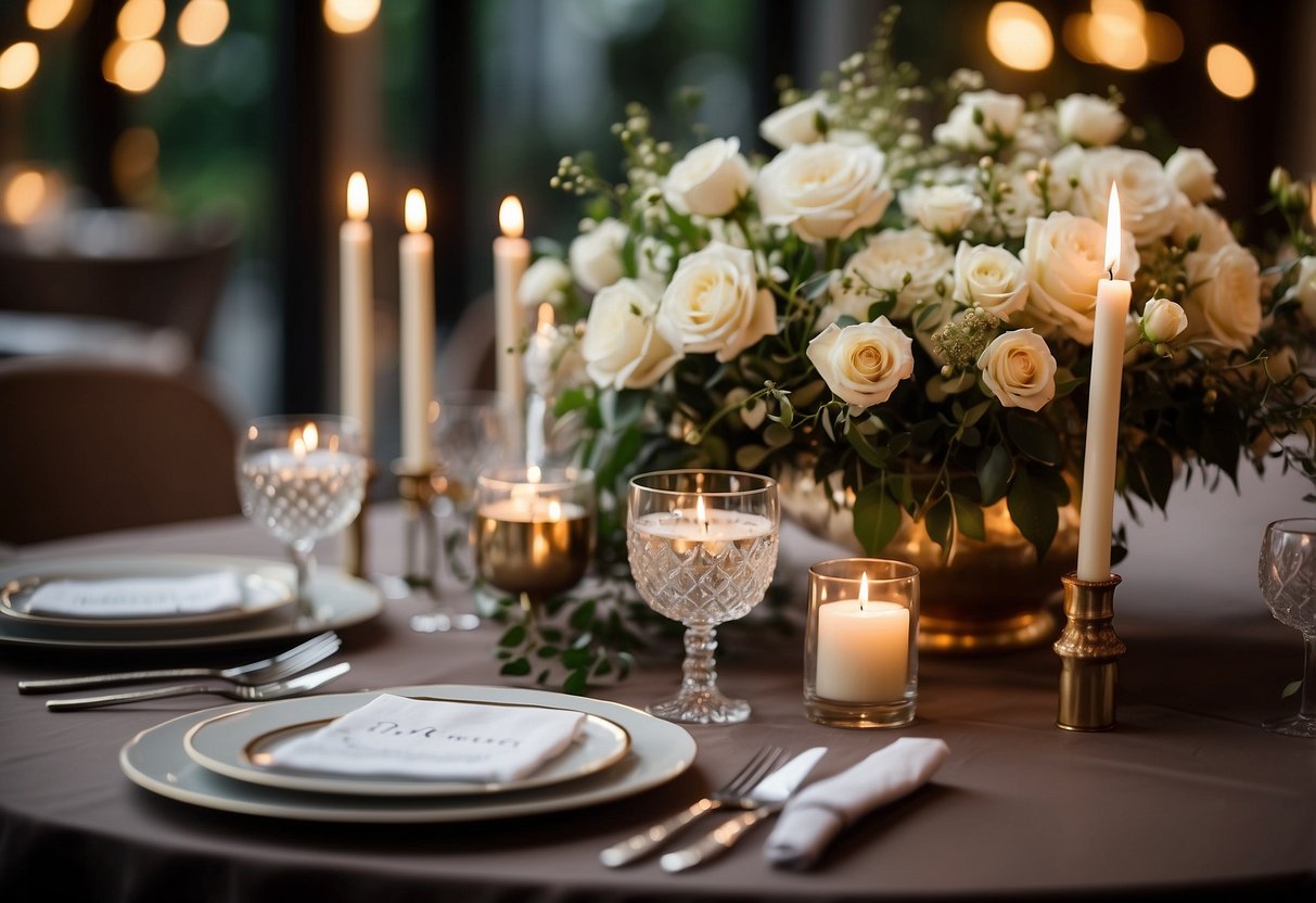 A round table adorned with floral centerpieces, candles, and elegant tableware. A romantic and sophisticated ambiance with soft lighting and subtle accents