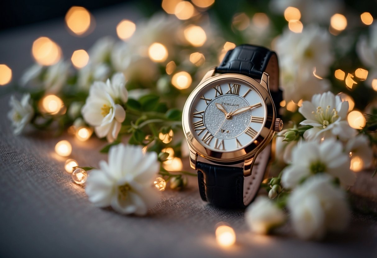 A close-up of a wedding watch with elegant engraving, surrounded by delicate flowers and twinkling lights