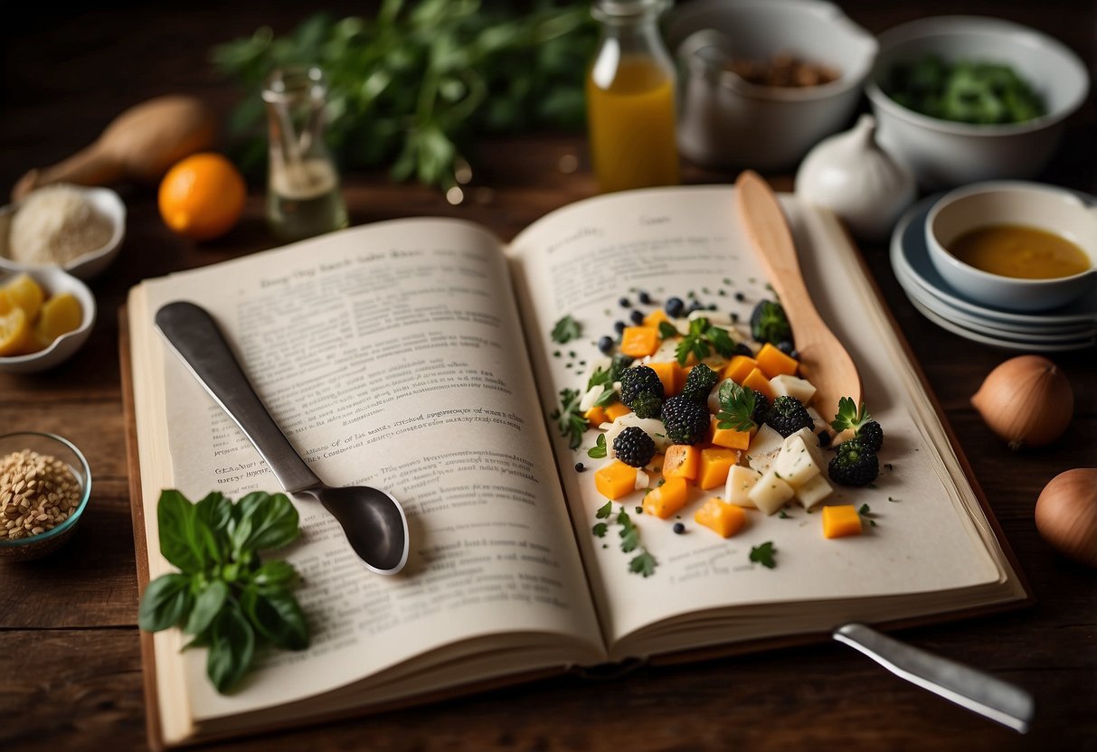 A personalized recipe book with elegant cover and custom pages, surrounded by cooking utensils and fresh ingredients