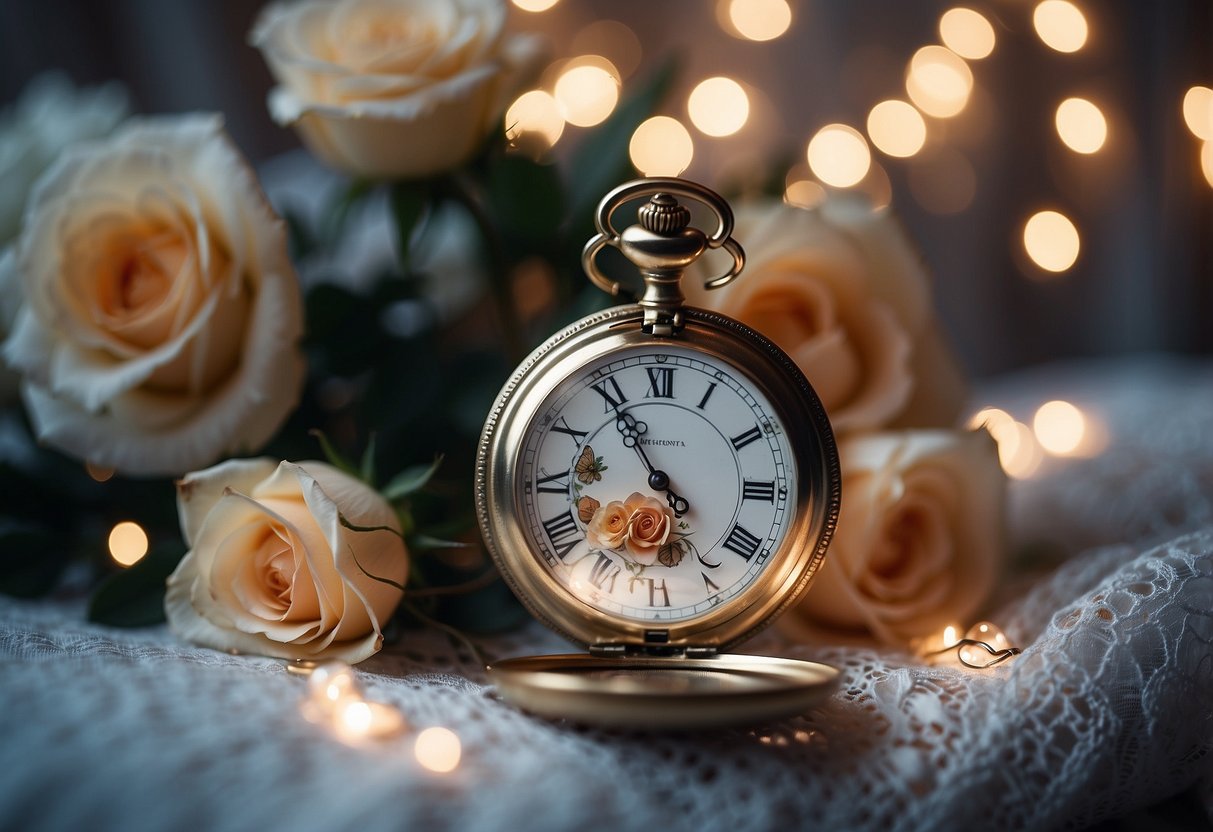 A vintage pocket watch rests on a bed of delicate lace, surrounded by blooming roses and twinkling fairy lights