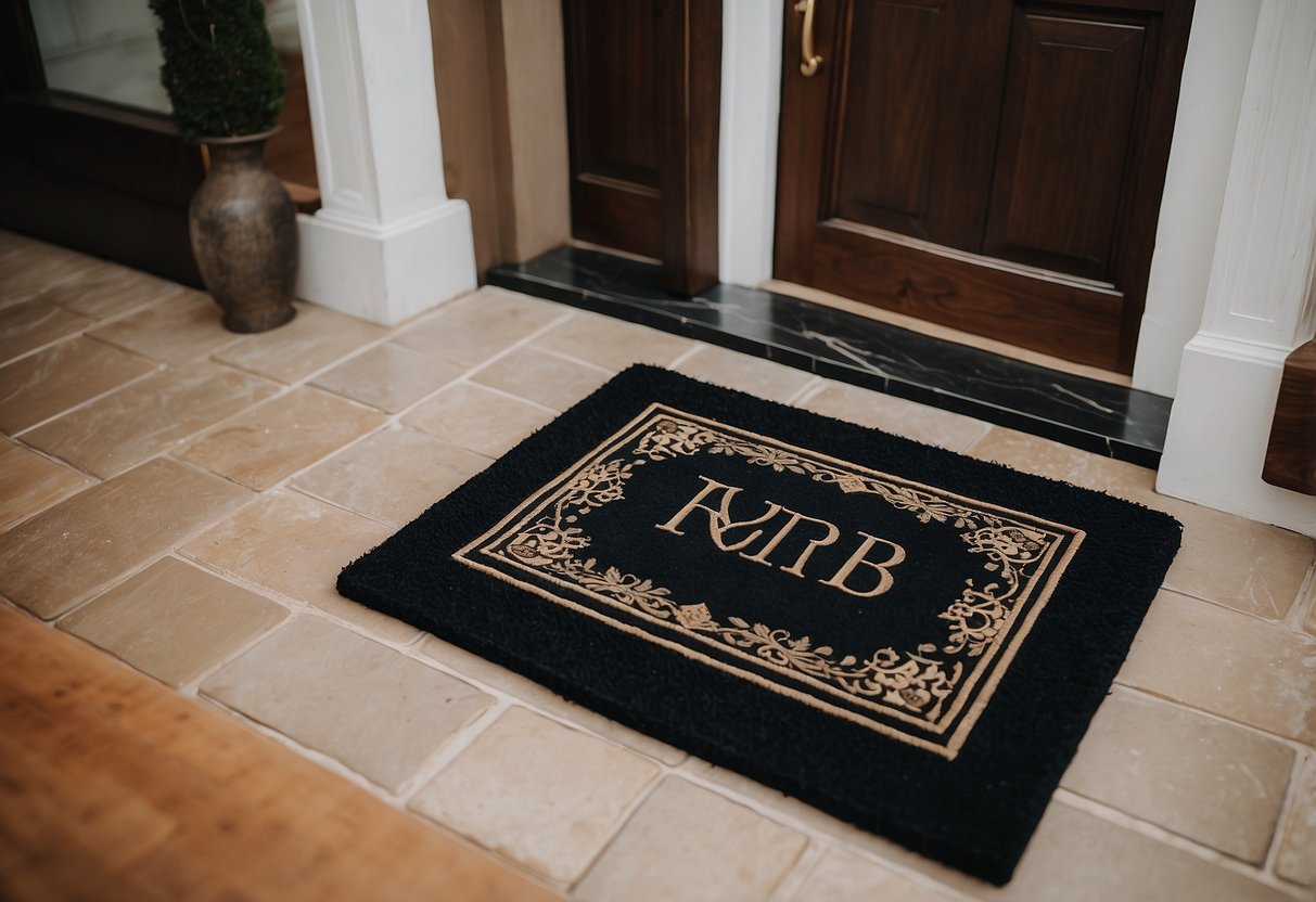 A customized welcome mat with the couple's initials and wedding date, placed at the entrance of their new home