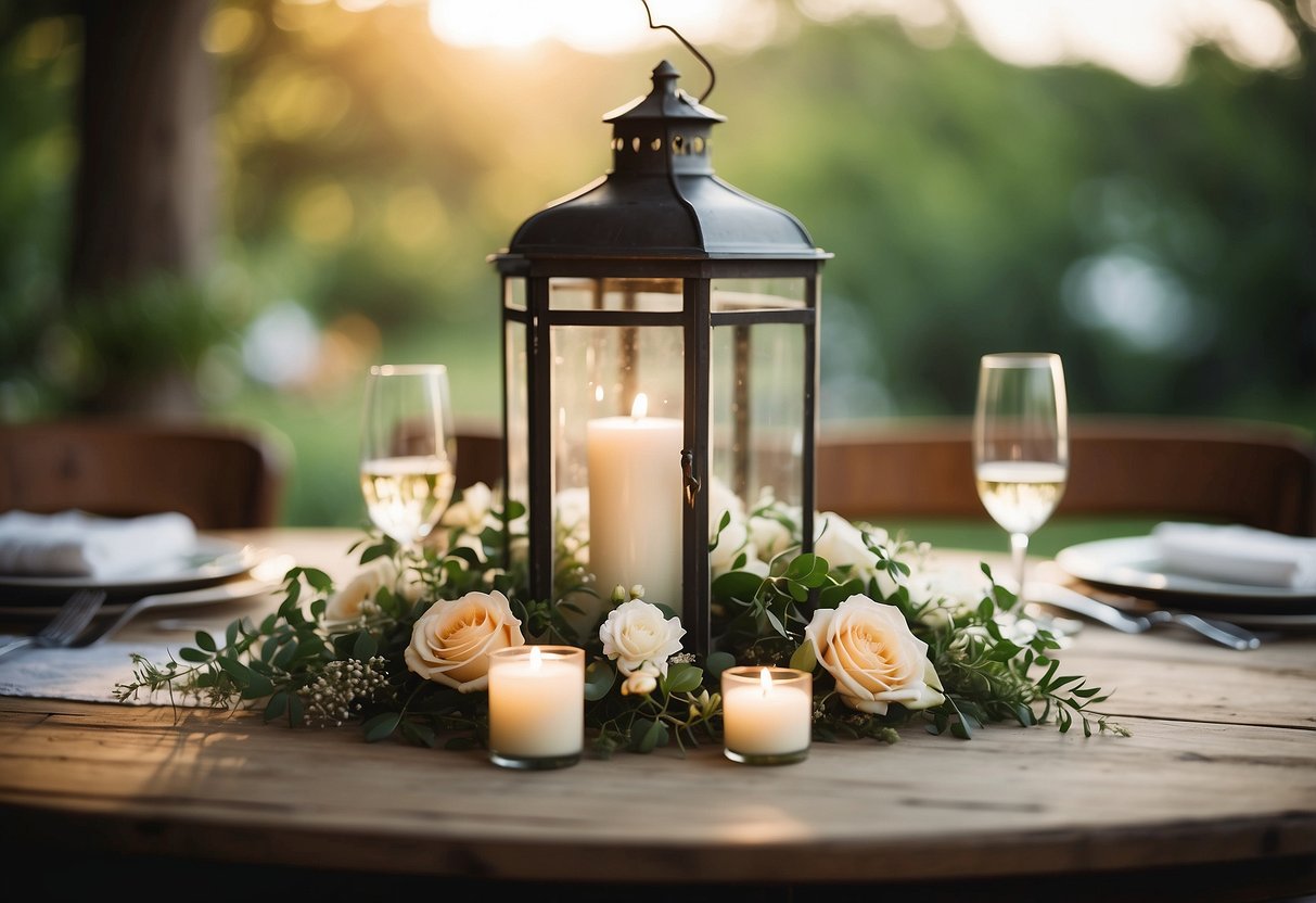 A vintage lantern sits atop a round table, filled with fresh flowers and greenery, creating a romantic wedding centerpiece