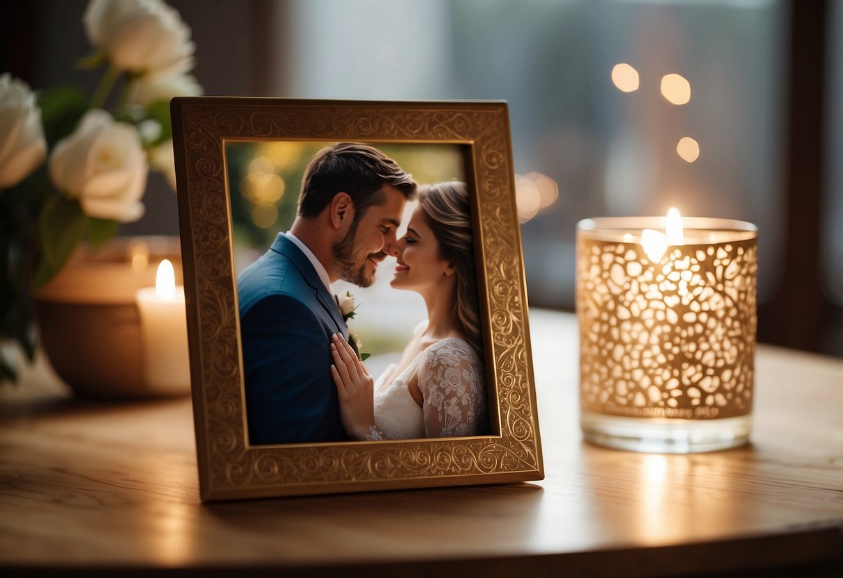 A beautifully engraved photo frame sits on a polished wooden table, catching the light and showcasing a loving couple on their wedding day