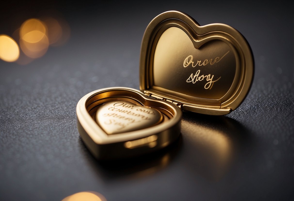 A heart-shaped locket opens, revealing a tiny scroll with the words "Our Love Story" written in elegant script