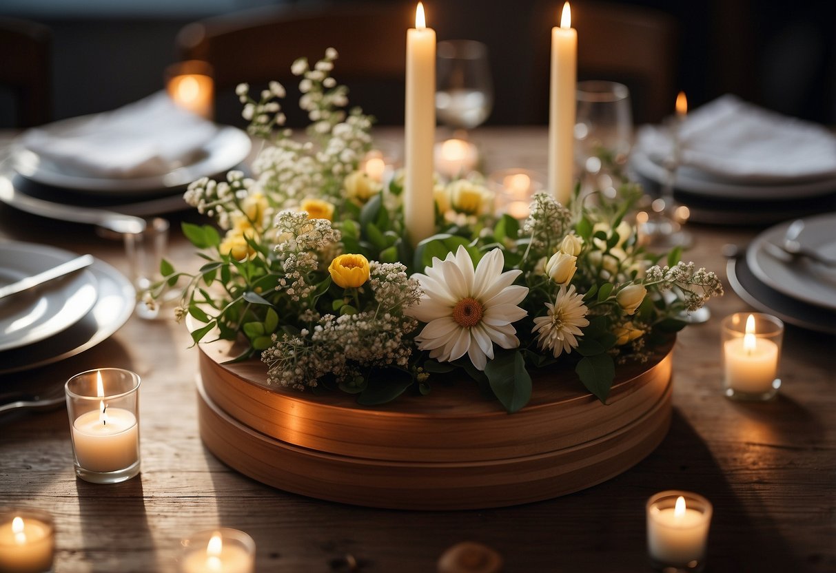 A wooden box filled with wildflowers and greenery sits in the center of a round table, surrounded by flickering candles and scattered petals