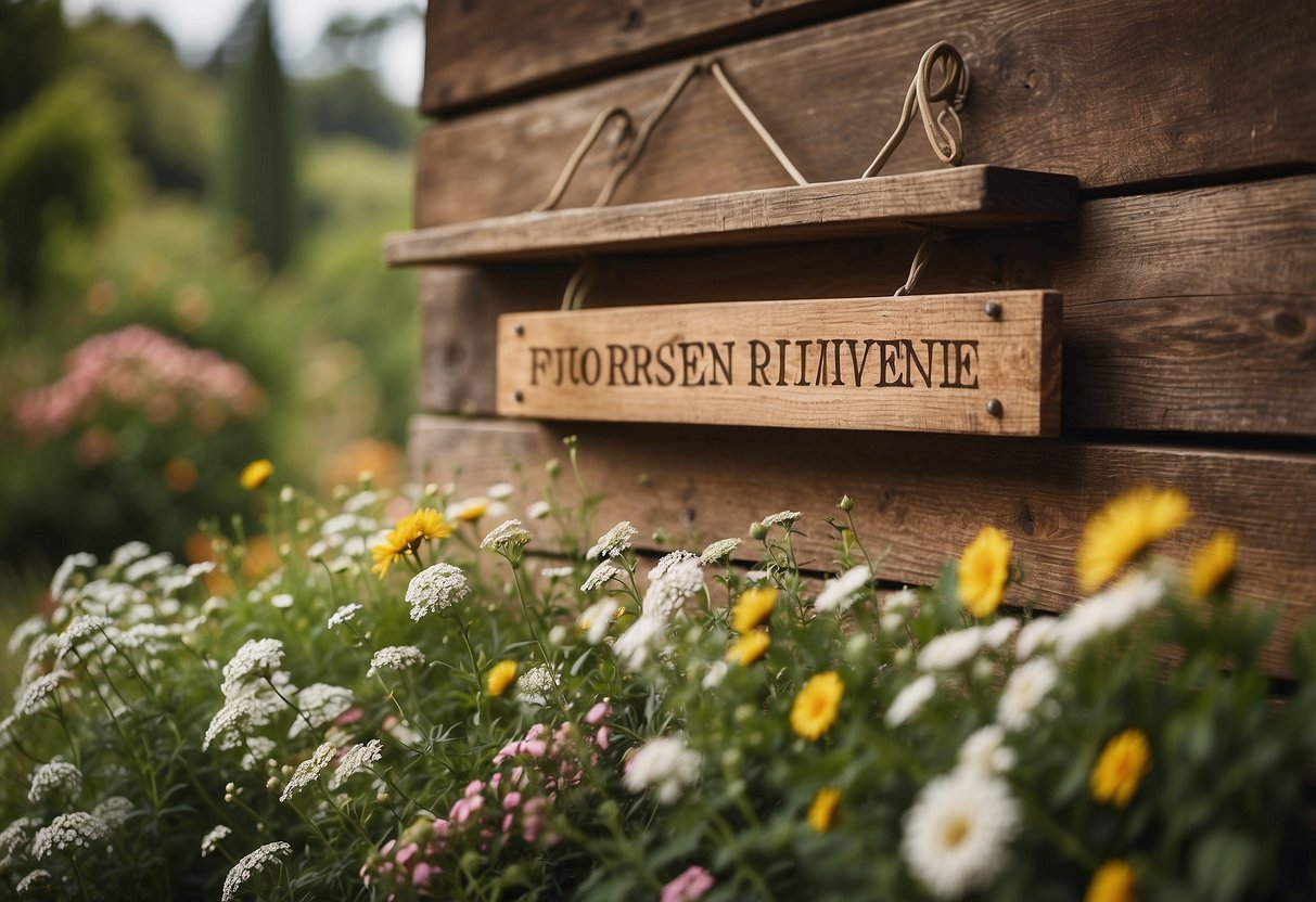 A wooden family name sign hangs on a rustic wall, surrounded by blooming flowers and greenery