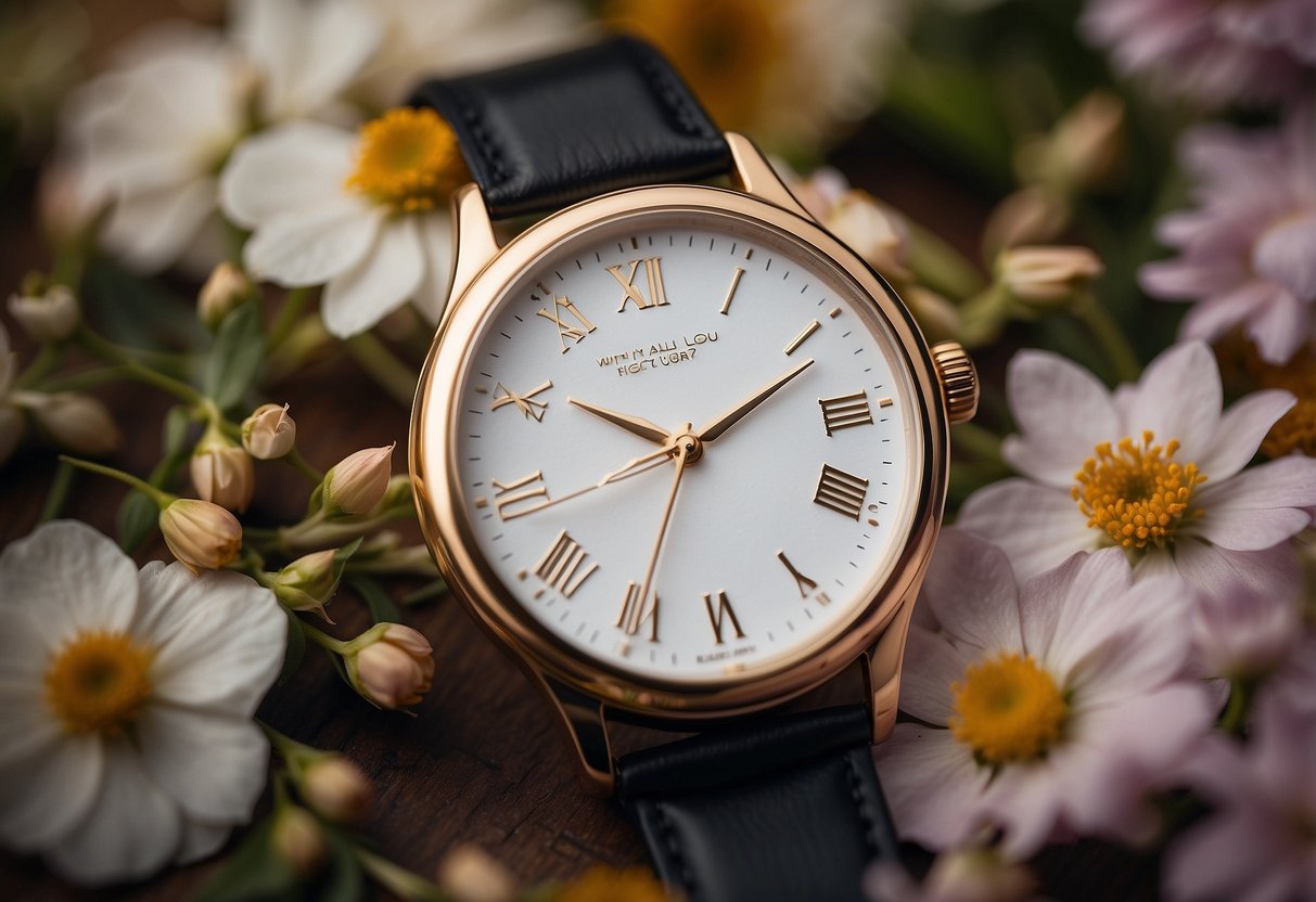 A watch with "With All My Love" engraved on the back, surrounded by delicate flowers and wedding rings