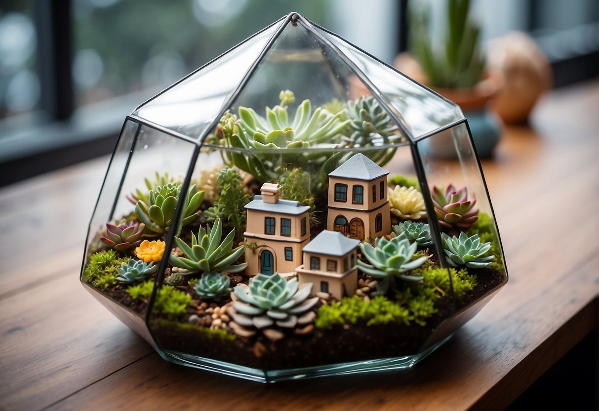 A glass terrarium filled with geometric shapes houses various succulents, serving as a unique wedding centerpiece for round tables