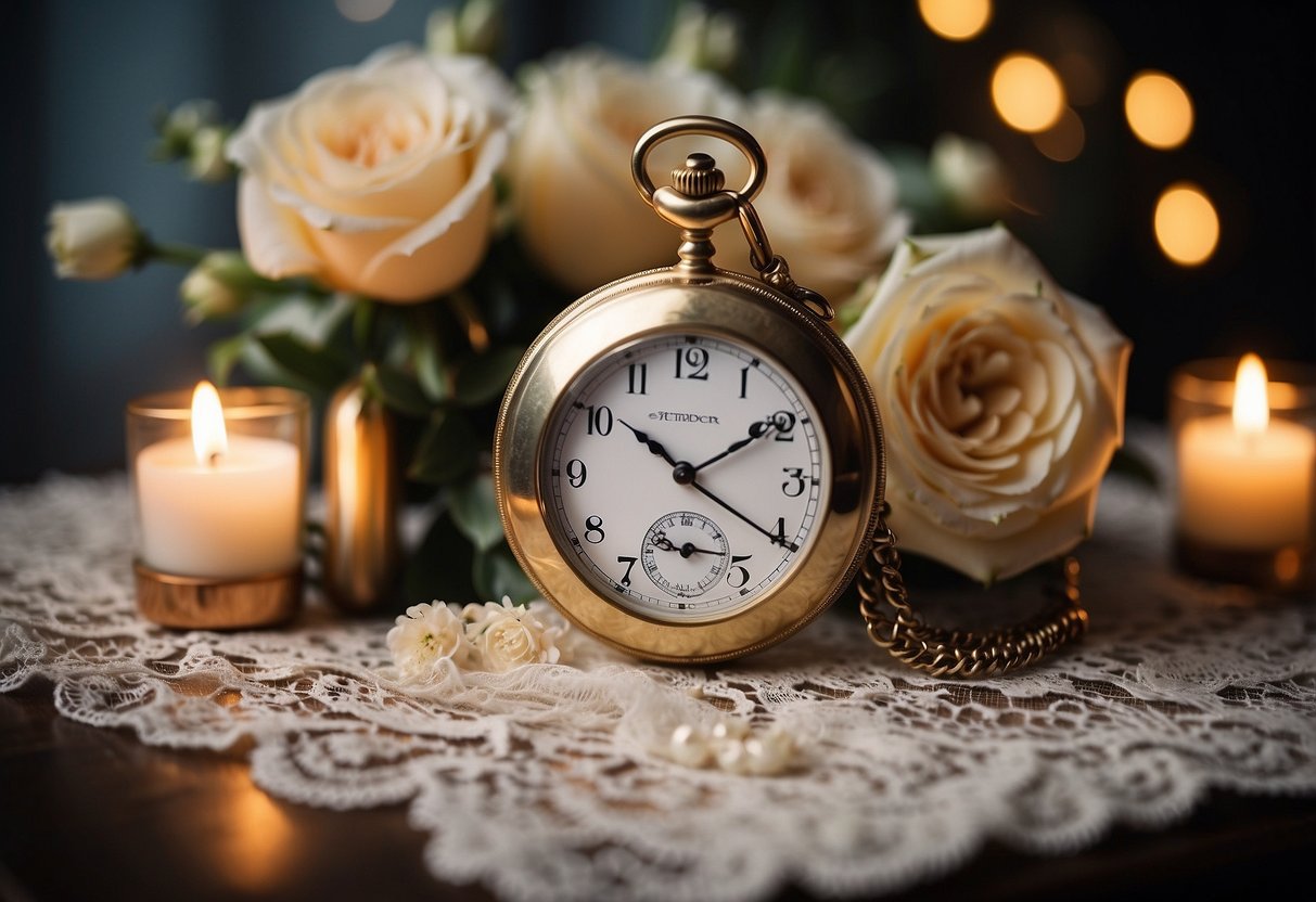 A vintage pocket watch rests on a lace-covered table, surrounded by delicate floral arrangements and glowing candlelight