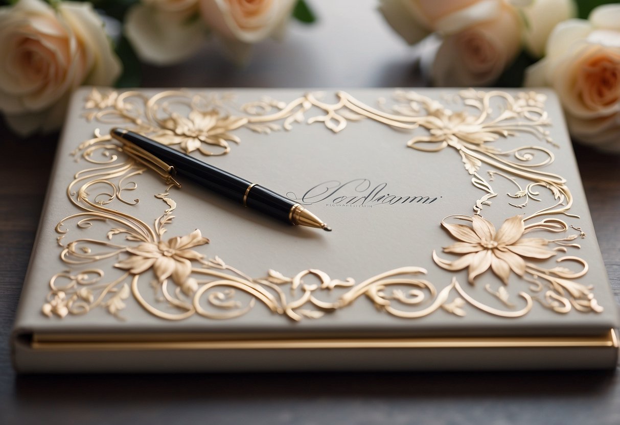 A custom guest book with elegant calligraphy and a personalized cover, surrounded by delicate floral decorations and a pen resting on top