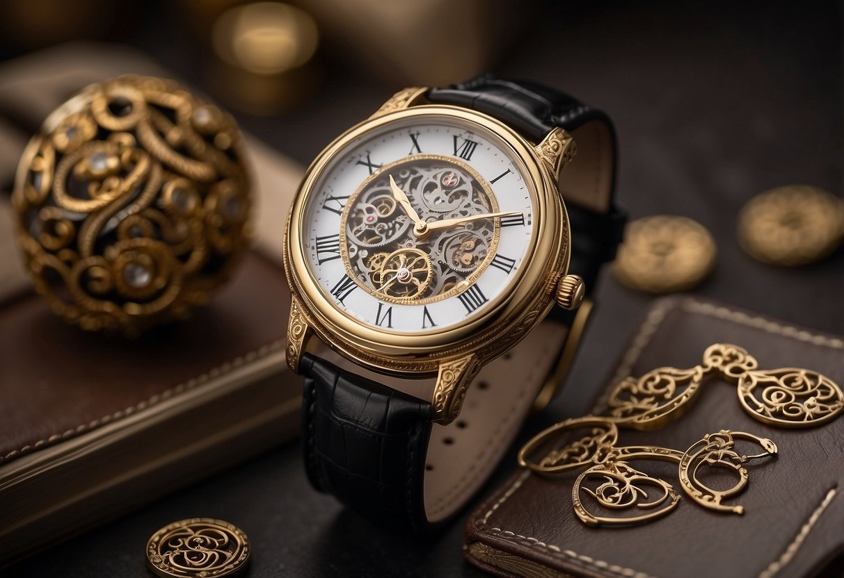 An ornate wedding watch with elegant engravings in classic fonts and styles, featuring intricate swirls and delicate details