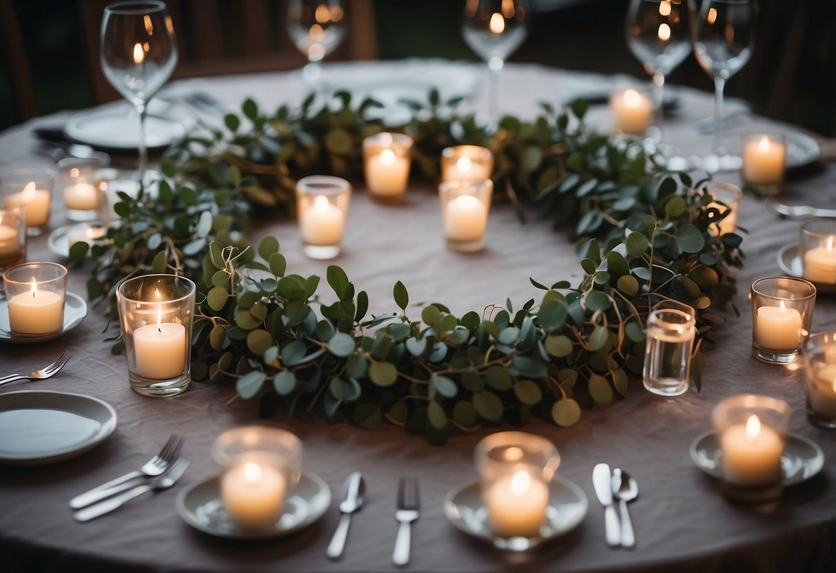 A circular table adorned with a eucalyptus garland and tea lights as a wedding centerpiece