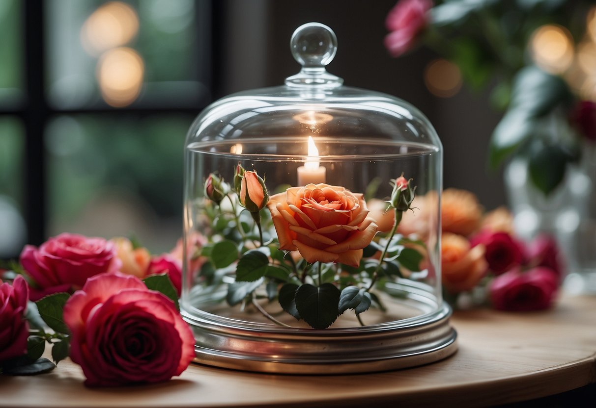 A glass cloche sits atop a round table, filled with mini roses, creating a romantic wedding centerpiece idea