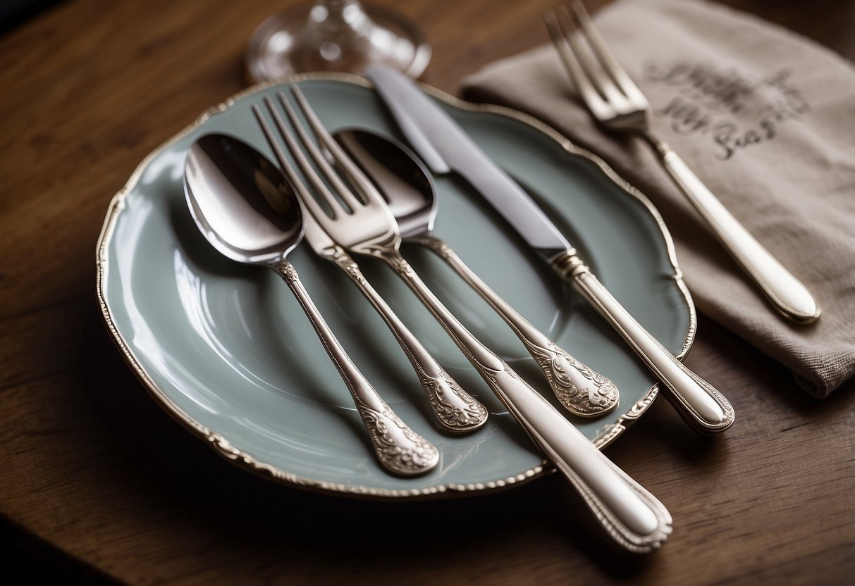 A set of elegant silverware arranged on a polished wooden table, with a personalized note from the groom's parents, is a thoughtful wedding gift