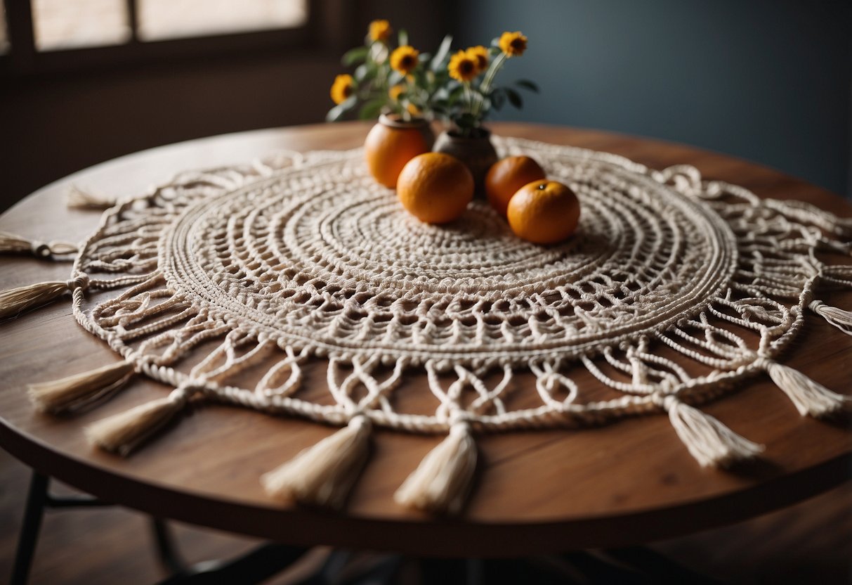 A round table adorned with bohemian macramé decor, featuring intricate knot designs and hanging tassels