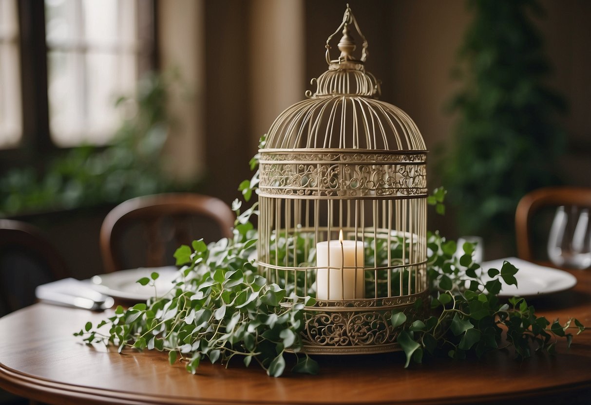 An antique birdcage adorned with ivy sits atop a round table, serving as a unique and elegant wedding centerpiece