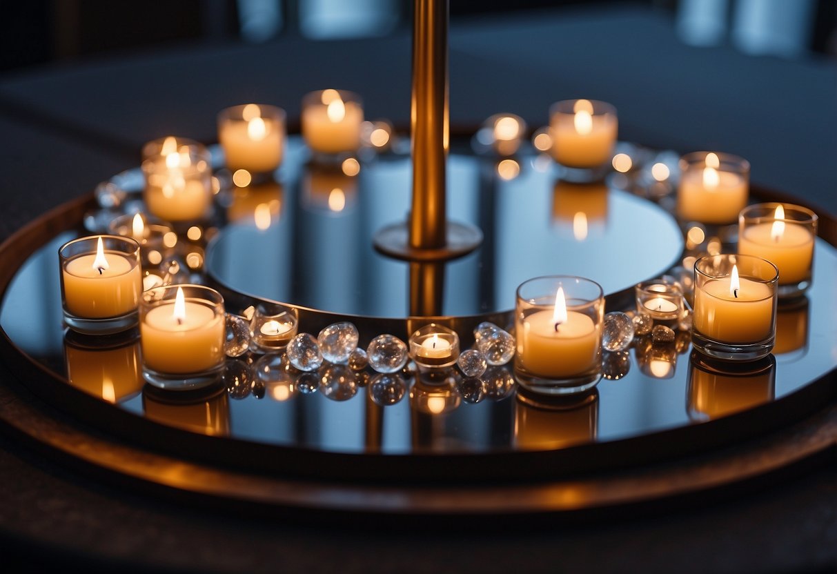 A round table adorned with an elegant mirror plate, adorned with flickering candles, creating a romantic and sophisticated wedding centerpiece