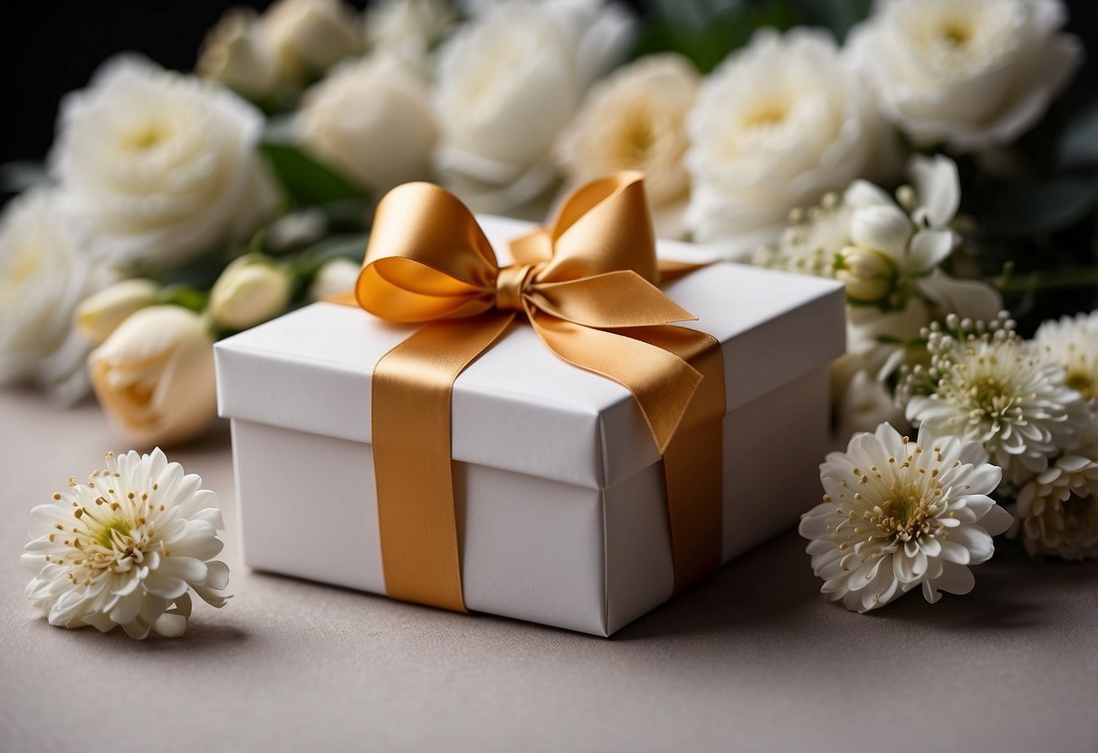 A beautifully wrapped gift box with a ribbon and a card, surrounded by flowers and wedding decorations