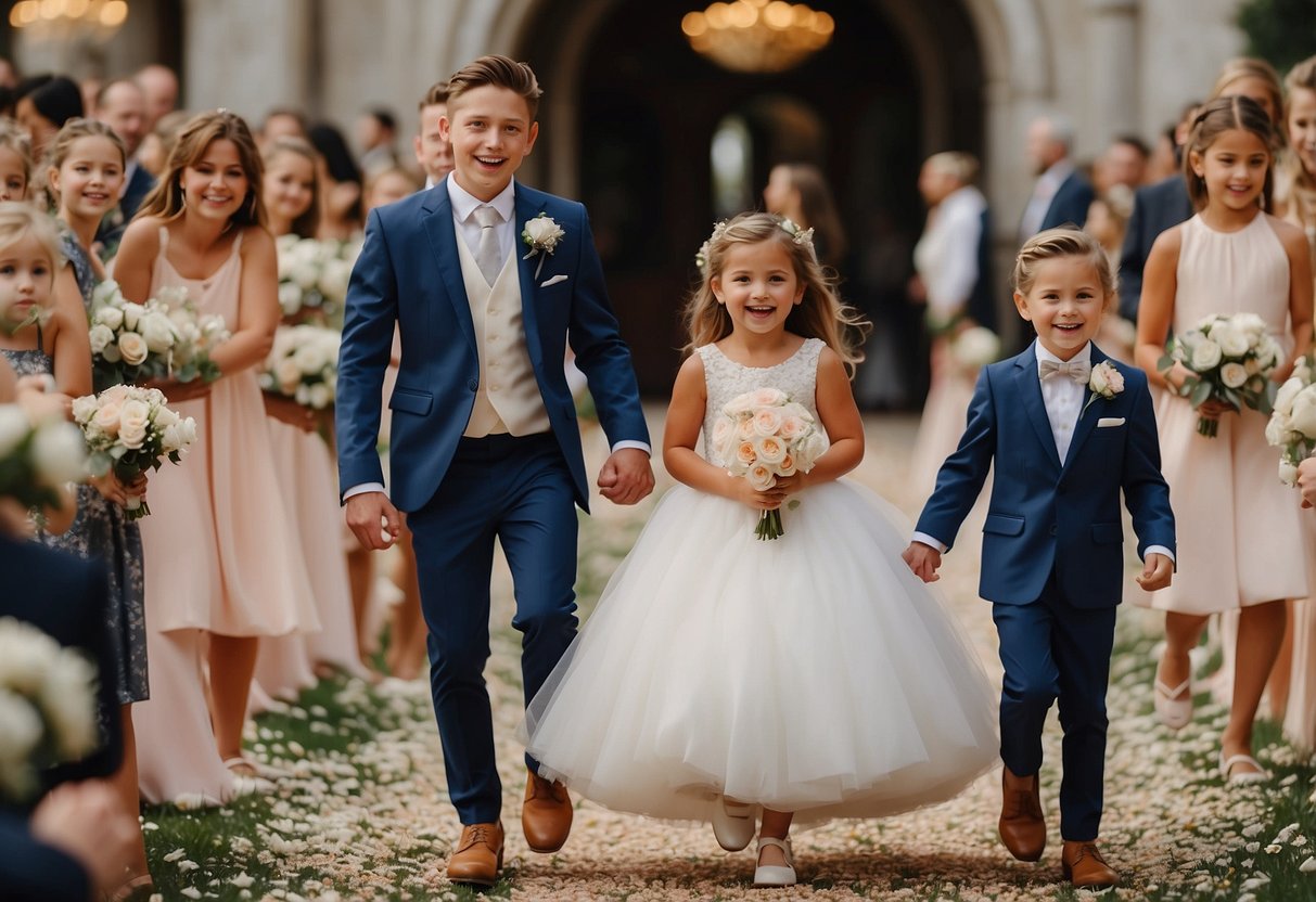 Bridal party walks down flower-lined aisle, led by flower girl and ring bearer, as guests cheer and toss petals