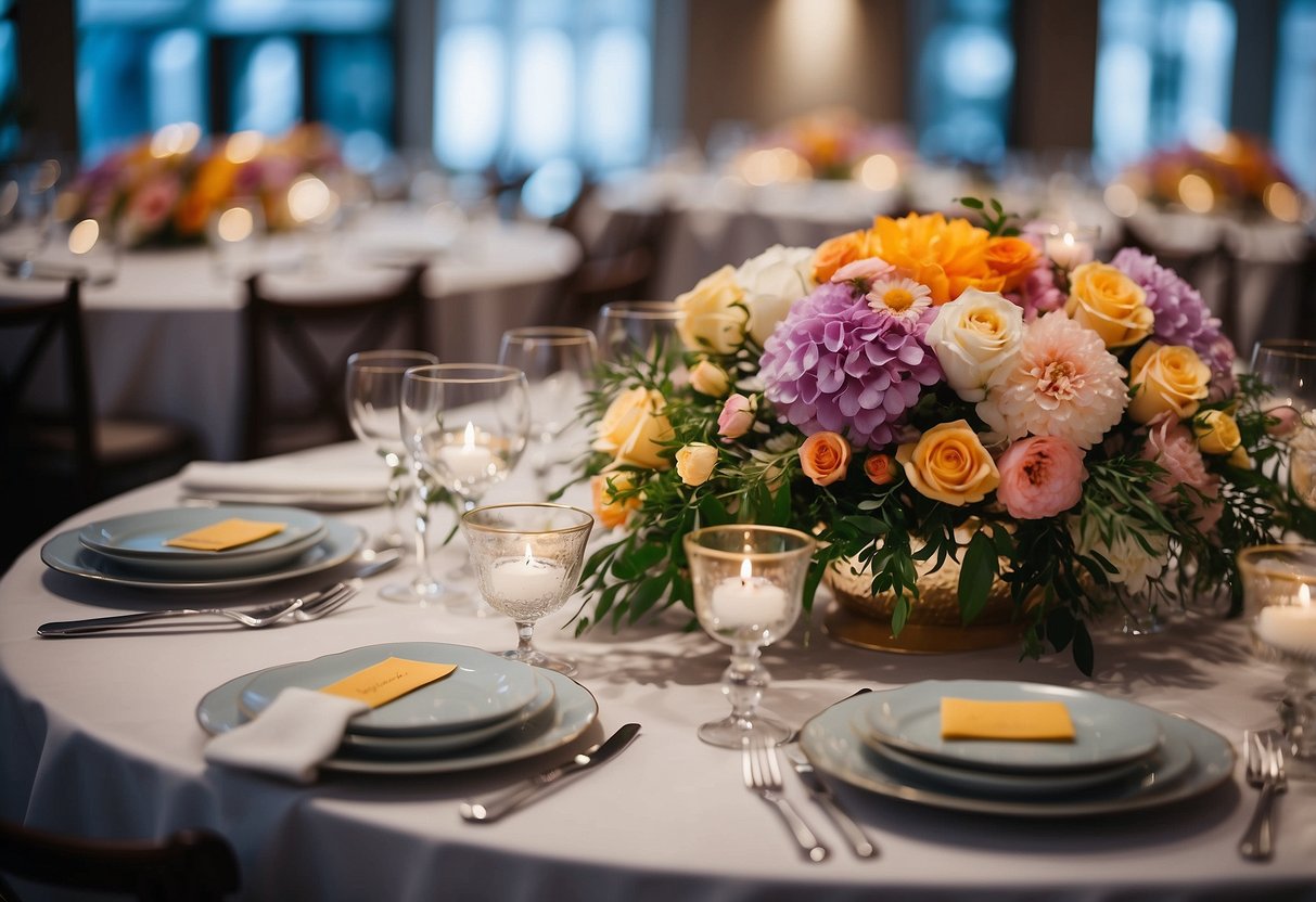 A round table adorned with elegant floral centerpieces in various color schemes, showcasing a combination of vibrant and pastel hues