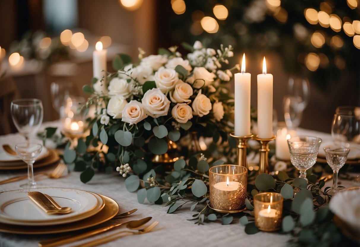 A round table adorned with floral arrangements, candles, and elegant tableware. Eucalyptus, roses, and gold accents create a romantic and sophisticated ambiance