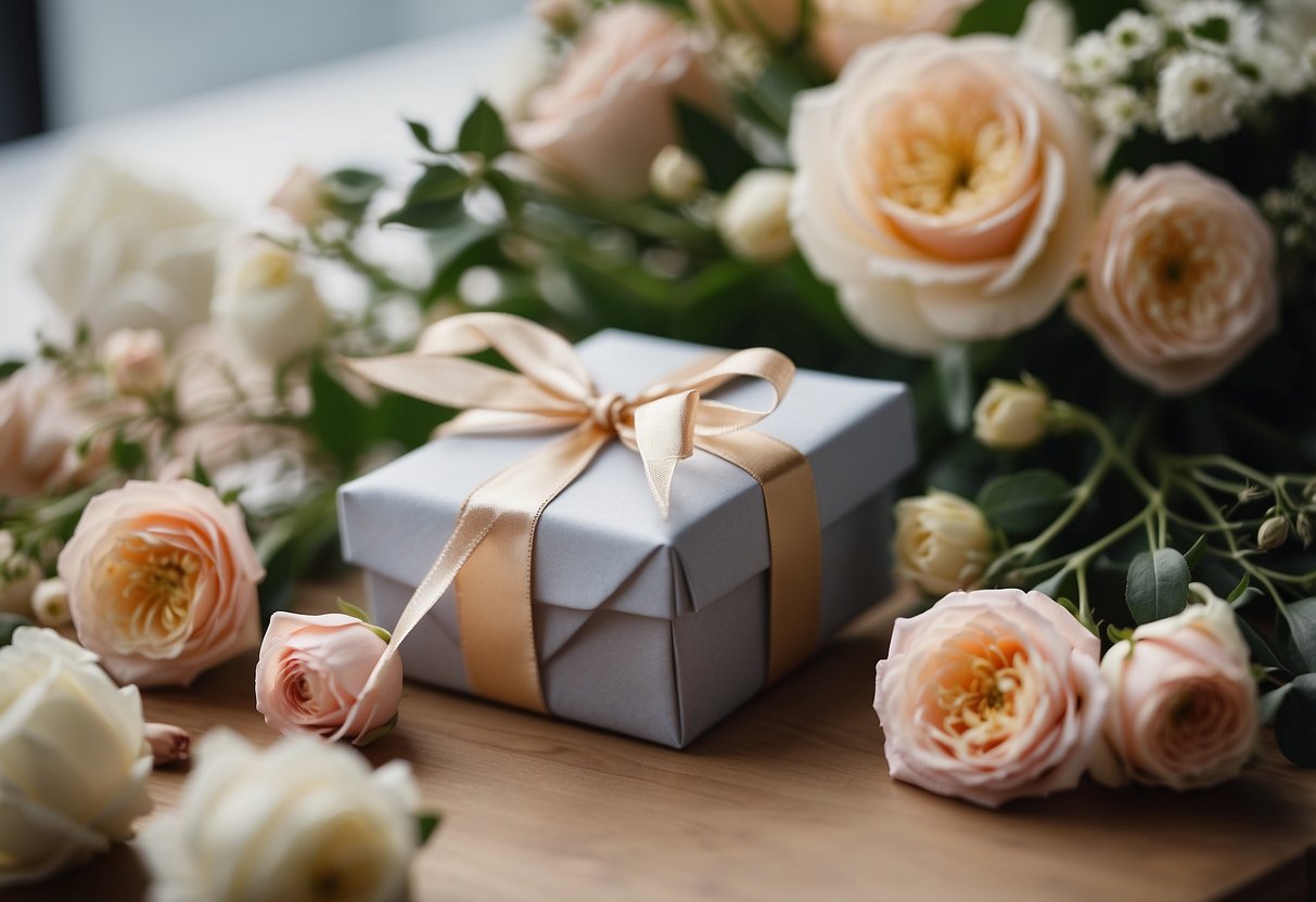 A beautifully wrapped gift box with a ribbon and a tag, surrounded by flowers and wedding decor