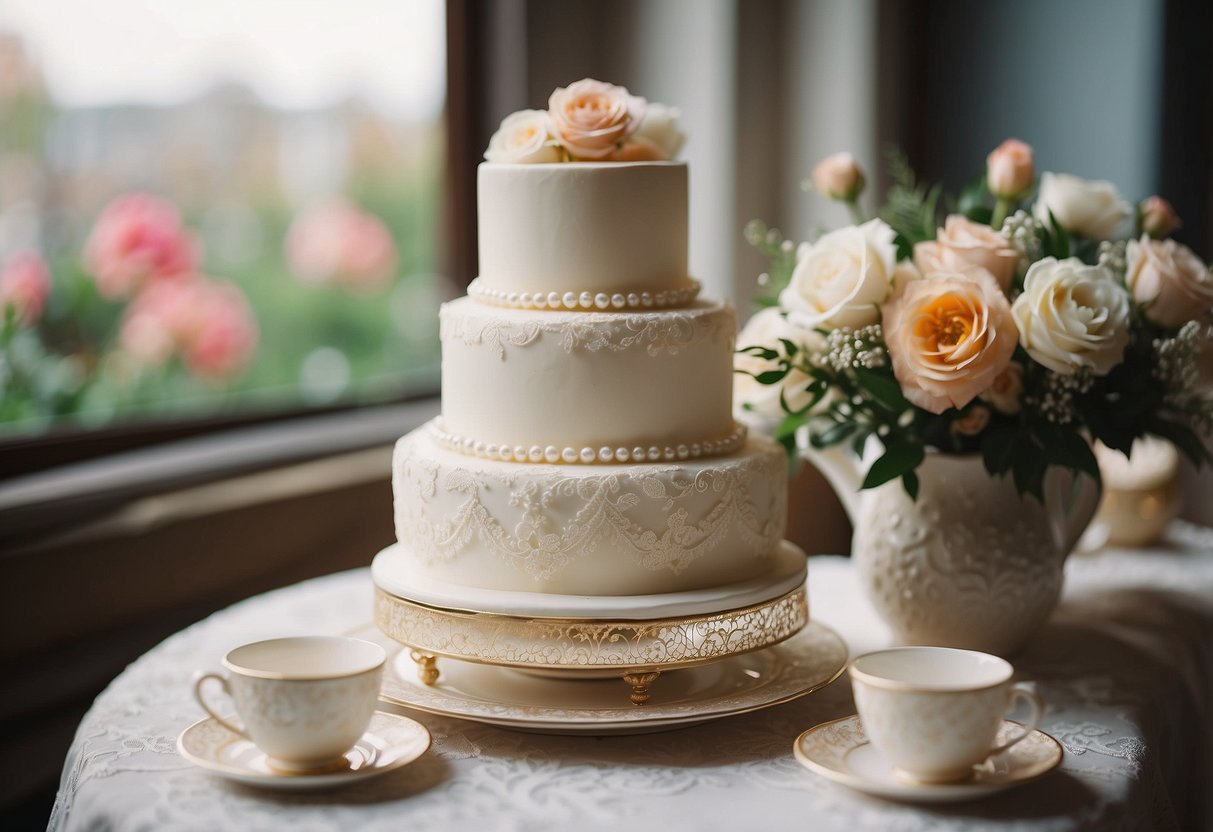 A tiered wedding cake adorned with lace and pearls, surrounded by antique teacups and flowers