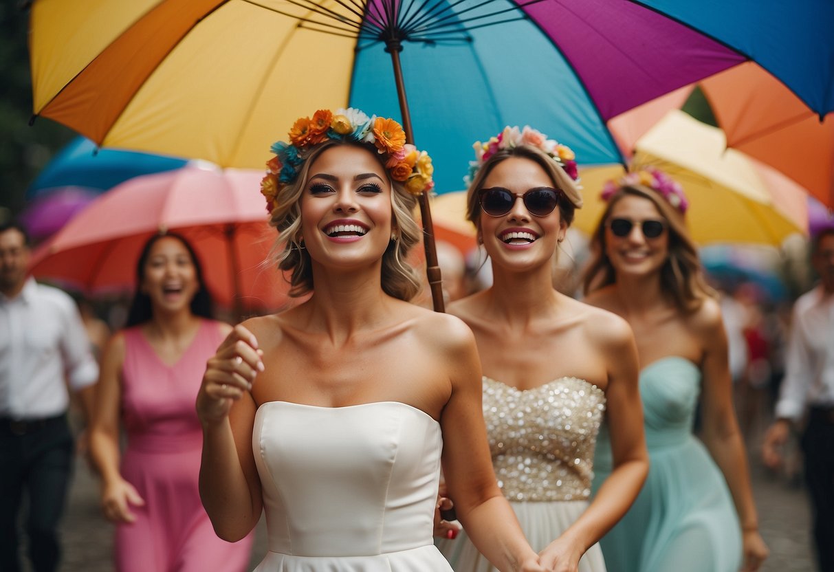 Bridal party twirling colorful umbrellas in a joyful dance